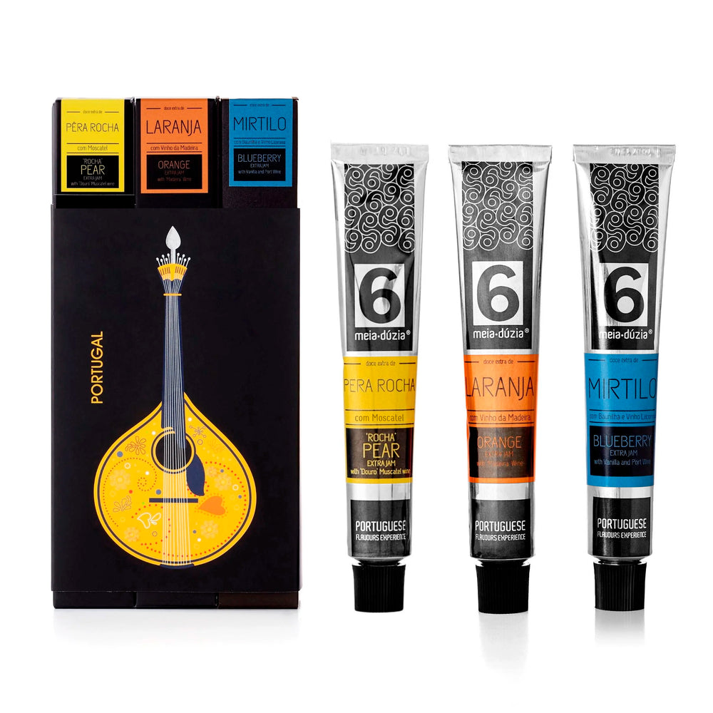 PACK 3 Sabores - Guitarra Portuguesa - Prenda de Portugal, inclui: compota artesanal de pera Rocha com moscatel do Douro, compota artesanal de Laranja com vinho da Madeira, compota artesanal de miltilo com baunilha e vinho do Porto - misturas de sabores surpreendentes, artesanais e portugueses by meia.dúzia - sabores de Portugal